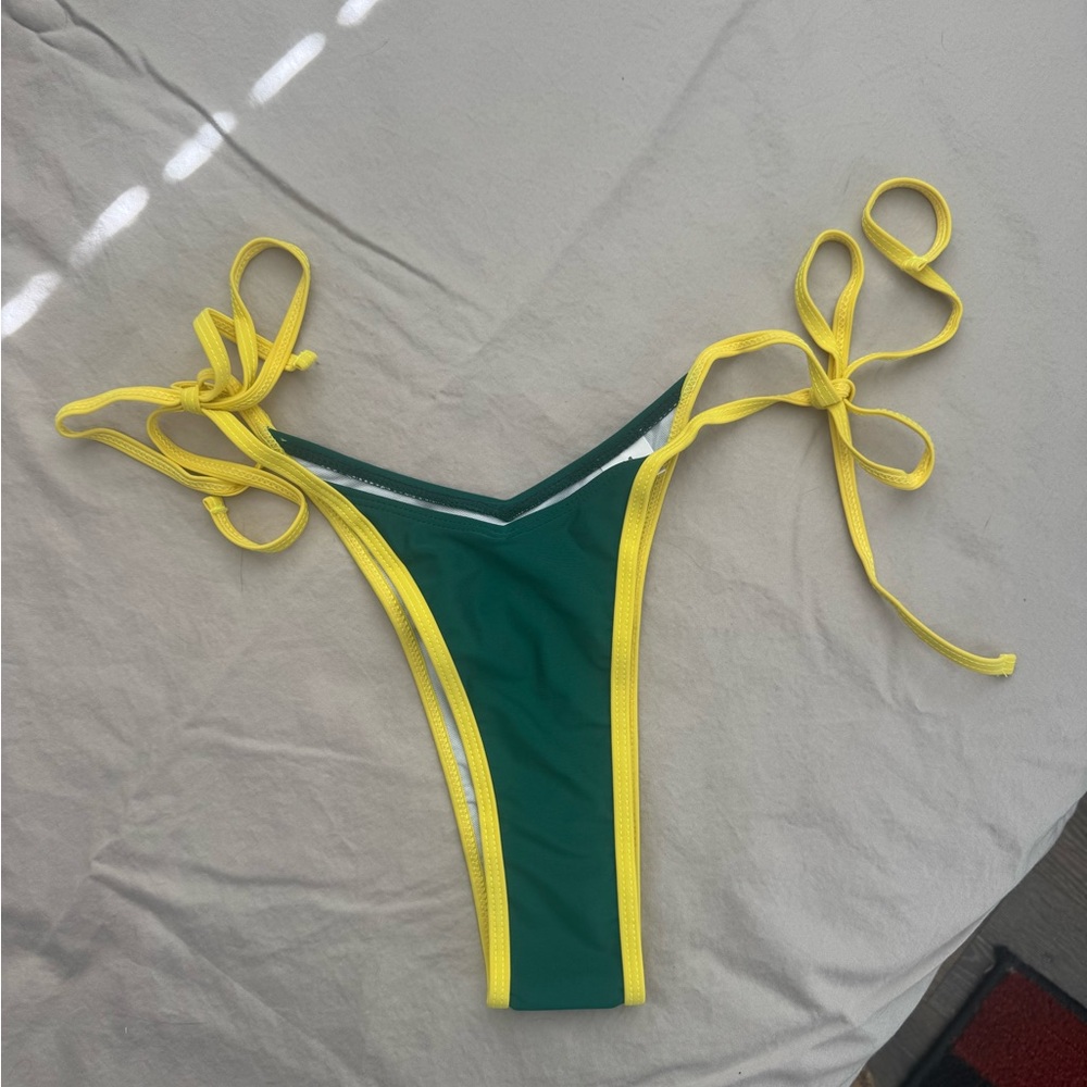 Women’s Green Tie-Side Bikini Bottom with Yellow Trim